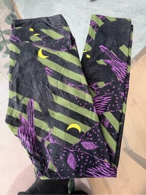LuLaRoe Black, Olive Green, Purple & Yellow Patterned Leggings